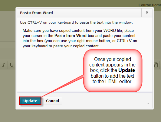 Click Update to add text to the HTML editor